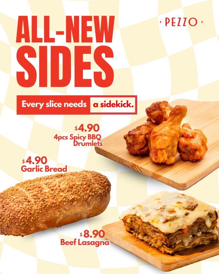 Pezzo Pizza All-New Sides Launch: Garlic Bread, Spicy BBQ Drumlets & Beef Lasagna from $4.90 (April 2026) Pezzo Pizza All-New Sides Launch: Garlic Bread, Spicy BBQ Drumlets & Beef Lasagna from $4.90 (April 2026)