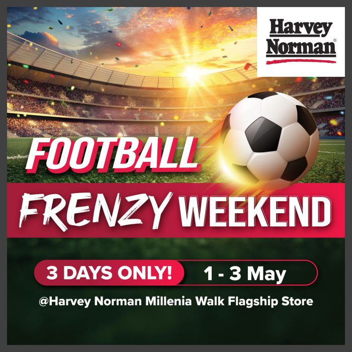 Harvey Norman Football Frenzy Weekend Promotion: FREE 10% Bonus Gift Card & TV Cashback Specials (1 - 3 May 2026) Harvey Norman Football Frenzy Weekend Promotion: FREE 10% Bonus Gift Card & TV Cashback Specials (1 - 3 May 2026)