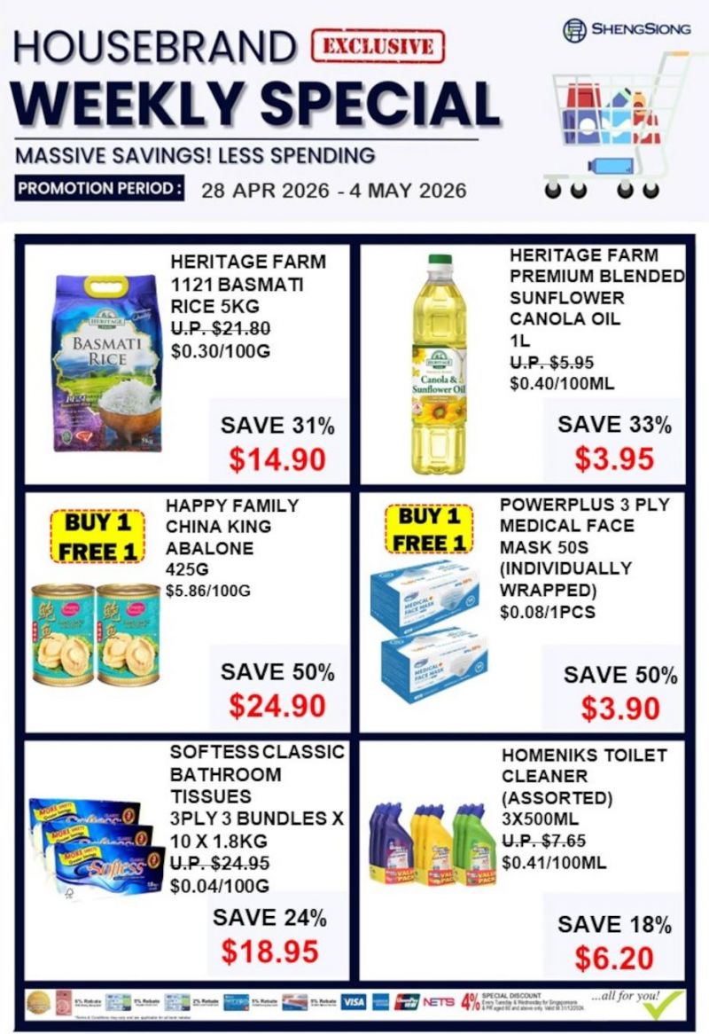 Sheng Siong Weekly Promotion: Housebrand Special - Up to 52% OFF & Buy 1 Free 1 (28 Apr - 4 May 2026) Sheng Siong Weekly Promotion: Housebrand Special - Up to 52% OFF & Buy 1 Free 1 (28 Apr - 4 May 2026)