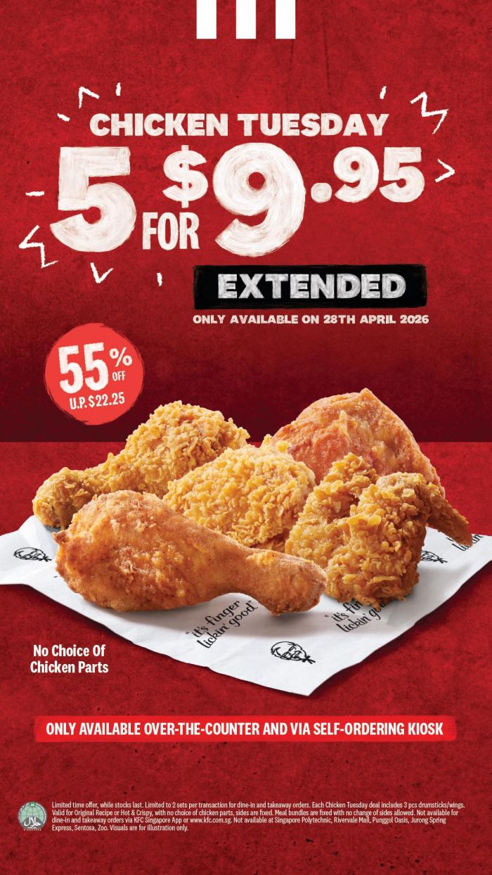 KFC Chicken Tuesday Special: 5 Pcs for $9.95 Flash Promotion (28 April 2026) KFC Chicken Tuesday Special: 5 Pcs for $9.95 Flash Promotion (28 April 2026)