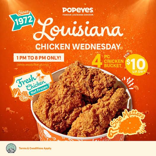 Popeyes Louisiana Chicken Wednesday: 4pc Chicken Bucket for $10 (29 April 2026) Popeyes Louisiana Chicken Wednesday: 4pc Chicken Bucket for $10 (29 April 2026)