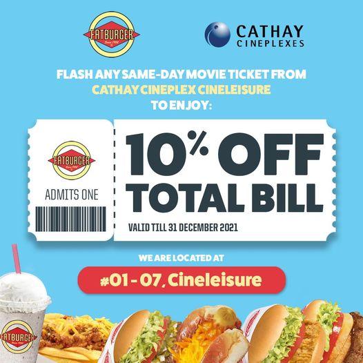 Fatburger Cathay Cineplexes 10% OFF Promotion (valid until 31 Dec 2021) Fatburger Cathay Cineplexes 10% OFF Promotion (valid until 31 Dec 2021)