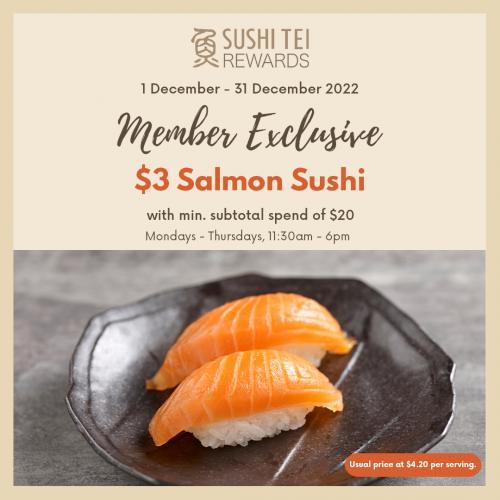 Sushi Tei Members December Promotion $3 Salmon Sushi (1 Dec 2022 - 31 Dec 2022) Sushi Tei Members December Promotion $3 Salmon Sushi (1 Dec 2022 - 31 Dec 2022)