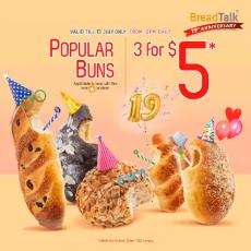 BreadTalk 19th Anniversary Promotion Popular Buns 3 for $5 (valid until 13 Jul 2019)
