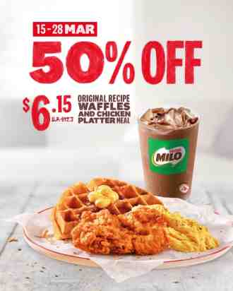 KFC Breakfast Original Recipe Waffles and Chicken Platter Meal 50% OFF Promotion (15 Mar 2023 - 28 Mar 2023)