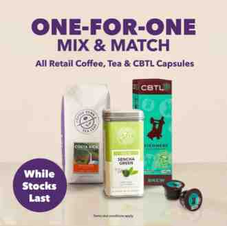 Coffee Bean 1 For 1 Coffee, Tea & CBTL Capsules Promotion