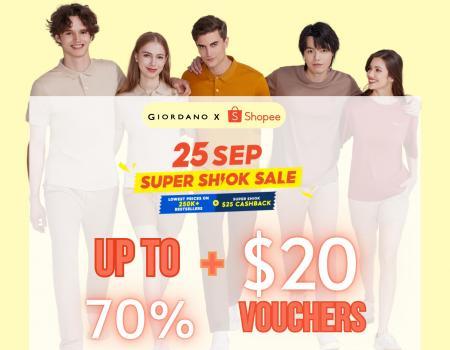 Giordano Super Shiok Sale Up To 70% OFF + $20 Vouchers on Shopee & Lazada (25 September 2023)