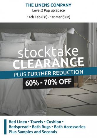The Linens Company Stocktake Clearance Sale 60% to 70% OFF at Cluny Court (14 Feb 2020 - 1 Mar 2020)