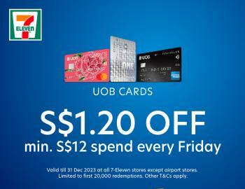 7-Eleven $1.20 OFF Minimum Spend $12 Every Friday with UOB Card Promotion (valid until 31 Dec 2023)