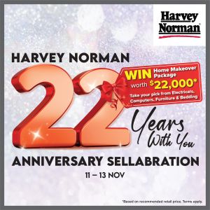 Harvey Norman 22nd Anniversary Sellabration at Millenia Walk: Exciting Events, Deals, and a Chance to Win a Home Makeover from 11 Nov 2023 until 13 Nov 2023