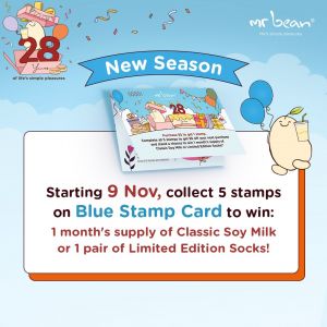 Mr Bean Collect 5 Stamps on Blue Card to Win 1-Month Supply of Classic Soy Milk or Limited Edition Socks from 9 Nov 2023 onwards