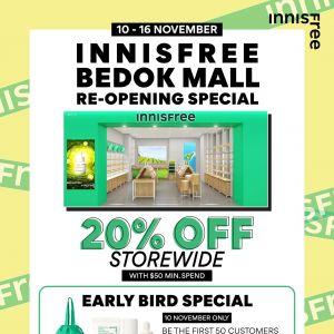 INNISFREE Bedok Mall Re-Opening Promotion: FREE Drawstring Bag + Travel-Size Skincare & More from 10 Nov 2023 until 16 Nov 2023