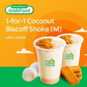 GrabFood Mr Coconut 1-For-1 Coconut Biscoff Shakes Promotion until 30 Nov 2023