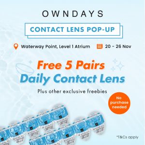 OWNDAYS Waterway Point Contact Lens Pop-up FREE 5 Pairs Daily Contact Lens and Other Exclusive Freebies Promotion from 20 Nov 2023 until 26 Nov 2023