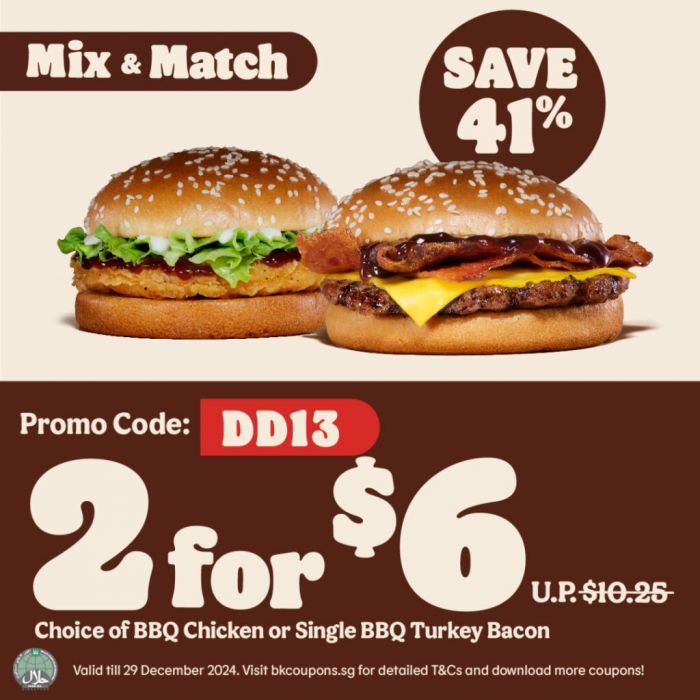 Burger King Promotion: Get 2 Delicious Burgers for $6 (until 29 Dec 2024)