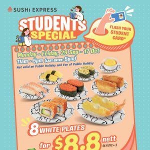 Sushi Express Students Promotion: 8 White Plates for $8.80 Nett (29 Sep – 17 Oct 2025)