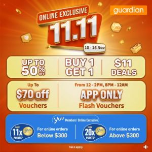 Guardian 11.11 Sale: Up to 50% Off, Buy 1 Get 1 & $11 Deals (10–16 Nov 2025)