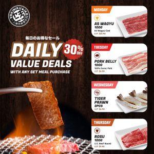 Yakiniku Like Daily Value Deals: 30% Off A5 Wagyu, Pork Belly, Tiger Prawn, Rosu and Gyu Tan