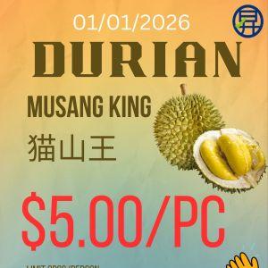 Sheng Siong New Year Promo: Musang King Durian $5.00/pc (1 Jan 2026)