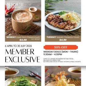 Sushi Tei Rewards Member Special: 50% OFF Weekday Specials Promotion (06 April - 30 July 2026)