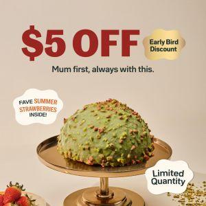 Udders Ice Cream Mother's Day Promotion 2026: Pistachio Blush Cake - $5 OFF Early Bird Discount (April - May 2026)