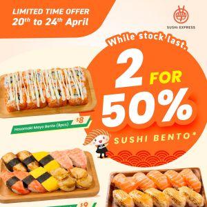 Sushi Express 2 FOR 50% OFF Selected Sushi Bentos: GrabFood Exclusive (20 - 24 April 2026)