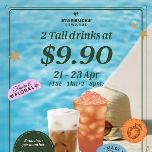 Starbucks 2 Tall Drinks for $9.90 Promotion: Any Beverage Choice Including Matcha (21 - 23 April 2026)