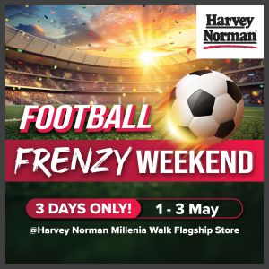 Harvey Norman Football Frenzy Weekend Promotion: FREE 10% Bonus Gift Card & TV Cashback Specials (1 - 3 May 2026)