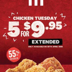 KFC Chicken Tuesday Special: 5 Pcs for $9.95 Flash Promotion (28 April 2026)