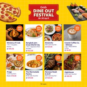 GrabFood Dine Out Festival Promotion: Up to 50% OFF Vouchers at Ministry of Crab, Prego & more (28 - 30 April 2026)