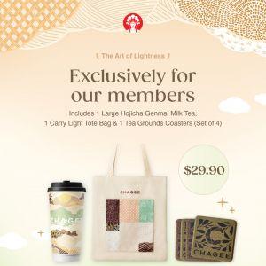 CHAGEE Member Exclusive Bundle: Large Hojicha Genmai Milk Tea, Tote Bag & Coaster Set From $29.90 (April 2026)